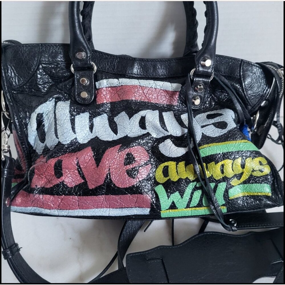 Balenciaga 2019 Small Motocross Classic Graffiti City Bag Black Arena Leather - Picture 7 of 11